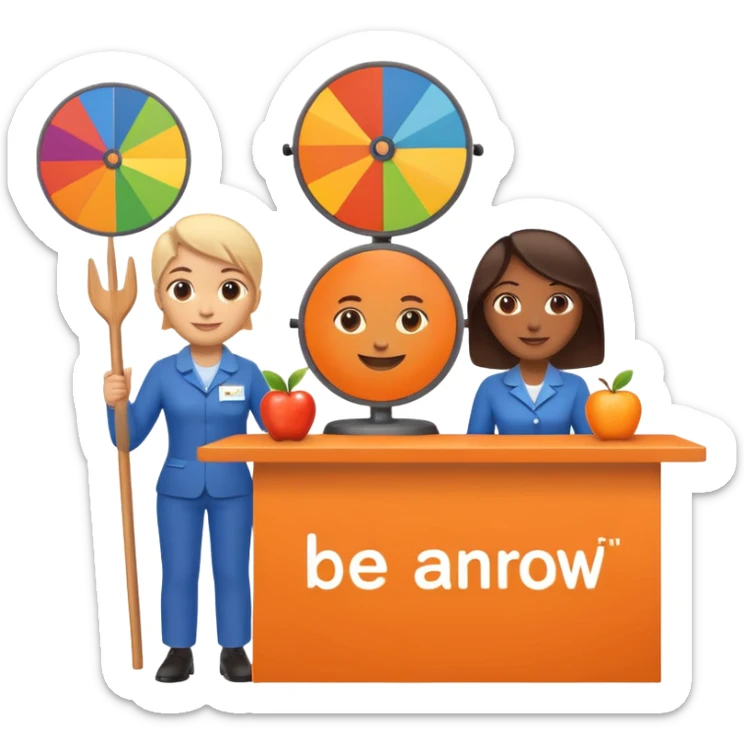 pple-style emoji of a recruitment booth. Two cartoon figures stand behind an orange table with 'MARROW, be a match' branding, a colorful spinning wheel, and a branded vertical banner. Simplified and cute sticker