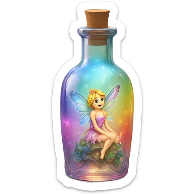 Antique oil bottle made of crystal glass of all gentle colors of the light rainbow, a living flower fairy sits at the bottom of the bottle sticker