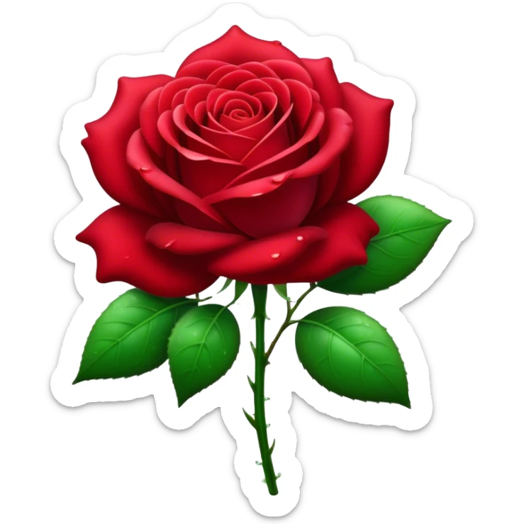 Cinematic Realistic Rose Emoji, Elegant and full of grace, with velvety, deep red petals unfurling in a perfect bloom, dew drops glistening on the soft edges, and a faint fragrance hanging in the air. The lush green leaves surround the stem, creating a vibrant contrast to the rich color of the petals. Soft glowing outline, capturing the essence of timeless beauty and romance in a single bloom. sticker