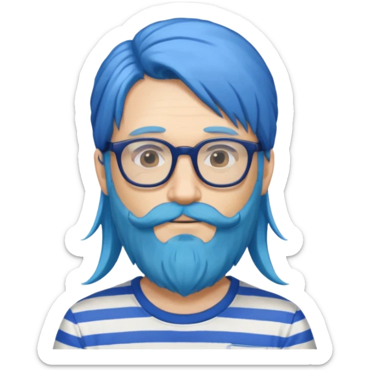 man with long blue hair, glasses, and a long beard and wearing a striped t-shirt sticker