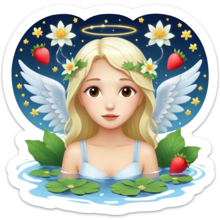 a beautiful angel like girl mix with  watel lili and  Strawberries  being born with an nenuphar on her light hair on stars  sticker