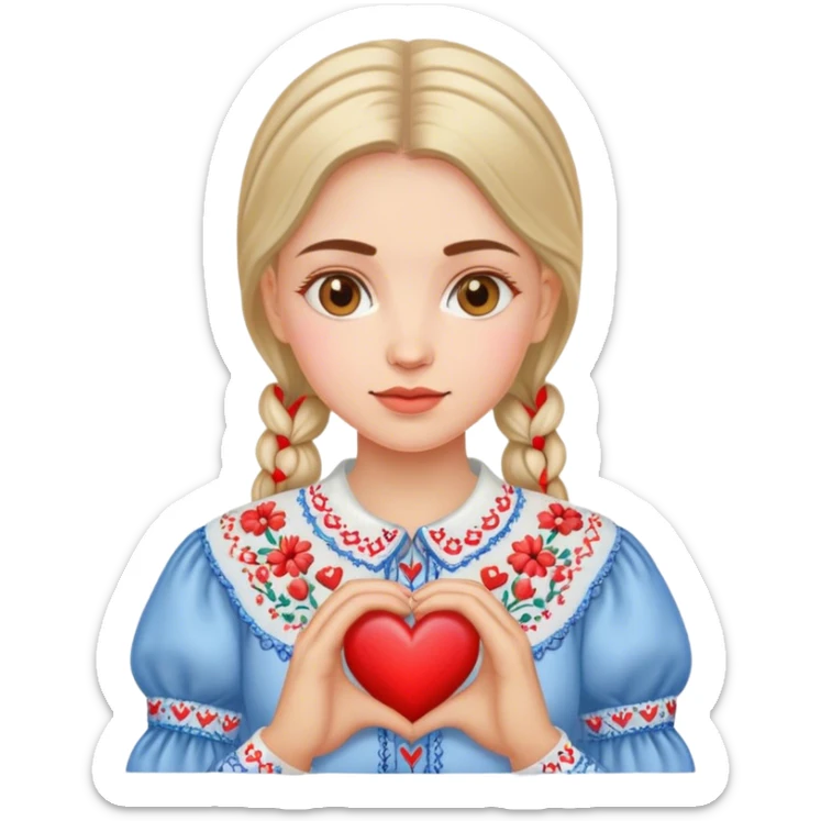 A Ukrainian woman in an embroidered shirt holds a heart in her hands sticker
