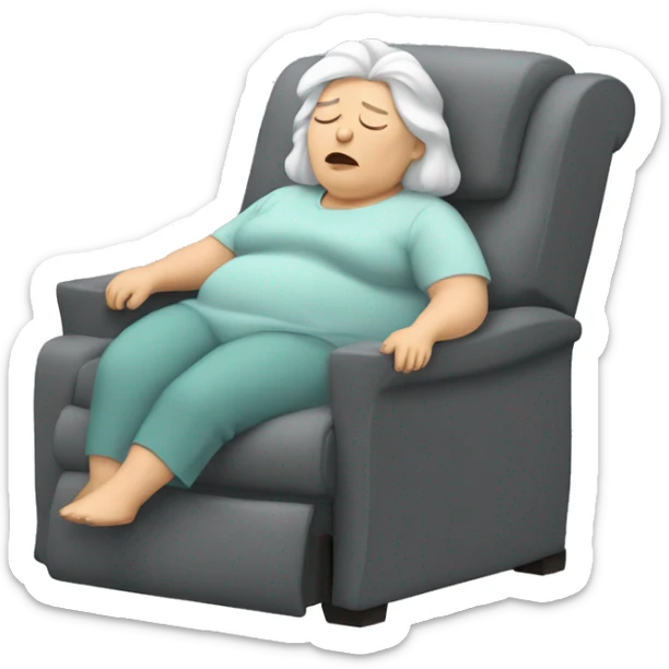 Old fat woman with long white hair snoring in grey recliner sticker