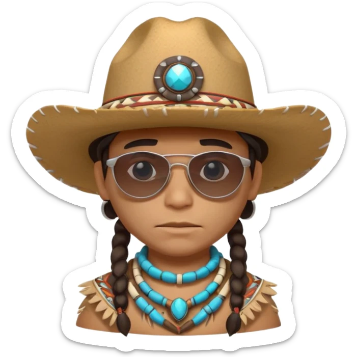 cute Indigenous tribal character portrait, head and shoulders only, cowboy hat, sunglasses, tribal accessories, confident expression, 3D cartoon, mobile game icon style, clean background, no text, no watermark
 sticker
