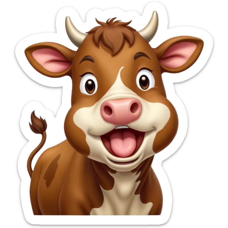 Cinematic Cute Yawning Brown Cow Portrait Emoji, Head tilted slightly with a dramatic, wide-open yawn, showcasing a smooth, rich brown hide with a subtle shine, floppy ears slightly drooping, round brown eyes barely open in drowsy contentment, Simplified yet irresistibly adorable features, highly detailed, glowing with a soft, cozy glow, high shine, relaxed yet expressive, stylized with a touch of pastoral whimsy, bright and endearing, soft glowing outline, capturing the essence of a sleepy yet affectionate cow, so drowsy it feels like it could amble right out of the screen and curl up for a nap! sticker