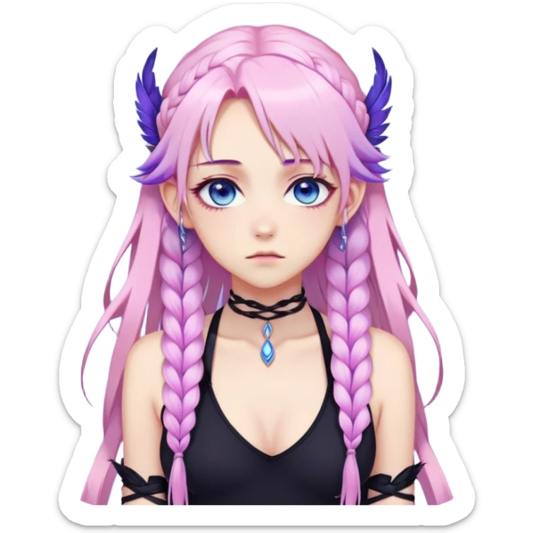 Gorgeous beautiful pretty grumpy anime lady long-pale-whitish-pastel-pink-hair with one braid on each side, hanging gradient-purple-pink feather-ear-cuffs on each side in hair, black bodysuit covering neck, blue eyes, pink iris, ethereal, fashion aesthetic  sticker
