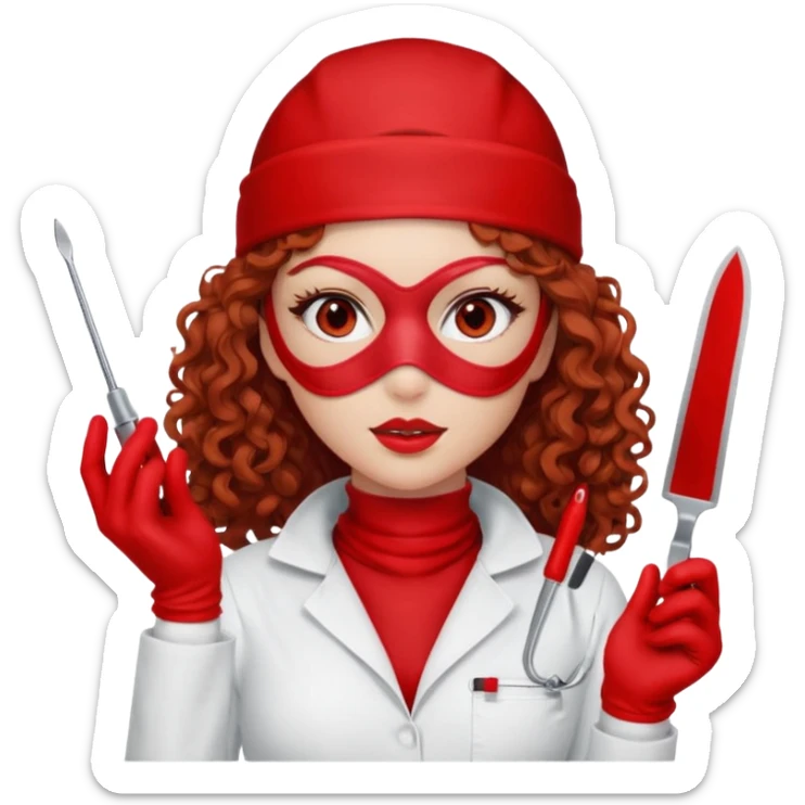 Scary woman scalpel in hand, evil surgeon sexy surgeon clothes.  She has red eyes. Her  brown long curly hair. Wears sexy doctor outfit with red gloves. make her wear red ski mask  to hide. Wears white surge9n jcketneb sticker