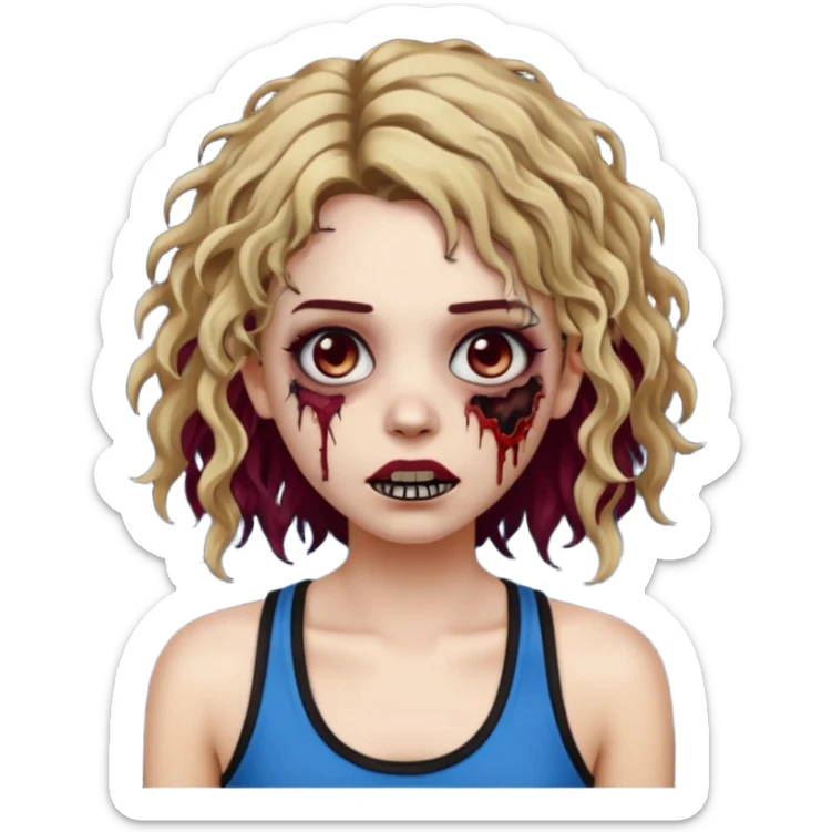 Crie um emoji de uma garota zumbi, como esta: "🧟‍♀️'. Porém invés da camiseta, uma regata fina e de cor preta, os cabelos loiros escuros na altura do ombro e picotado, liso na raiz e cacheado nas pontas, com mechas azuis na frente e a parte de trás pintada de vermelho vinho sticker