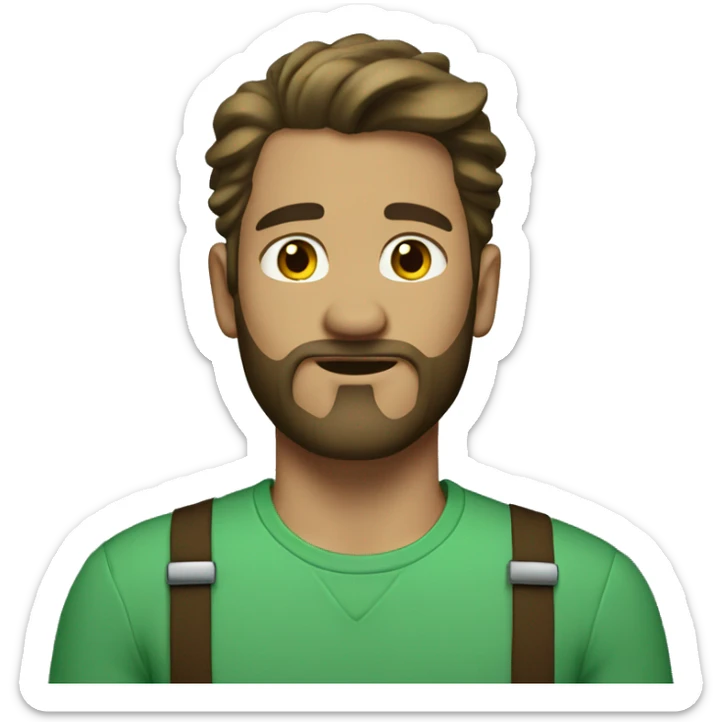 man with light skin and brown long hair and beard in green shirt and suspenders sticker
