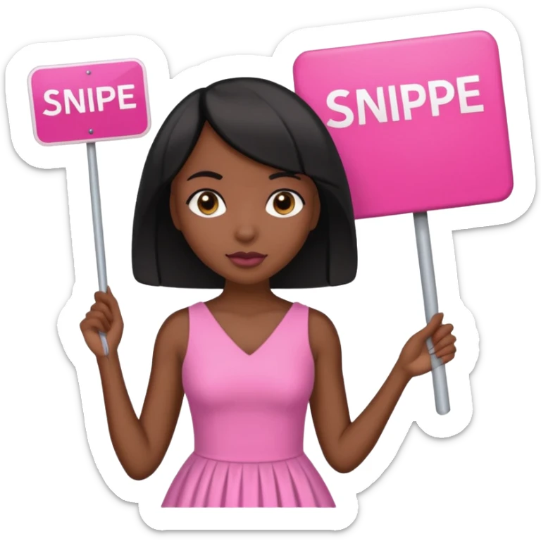 Dark skin woman with black bob in hair holding sign that says snipe  wearing pink dress  pink sign  sticker