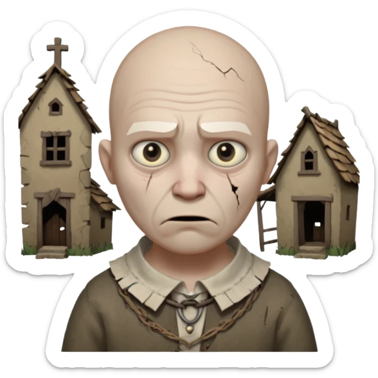 cursed village villager portrait, head and shoulders only, pale skin, torn rustic clothes collar, haunted eyes, eerie atmosphere, 3D cartoon, mobile game icon style, clean background, no text, no watermark

 sticker
