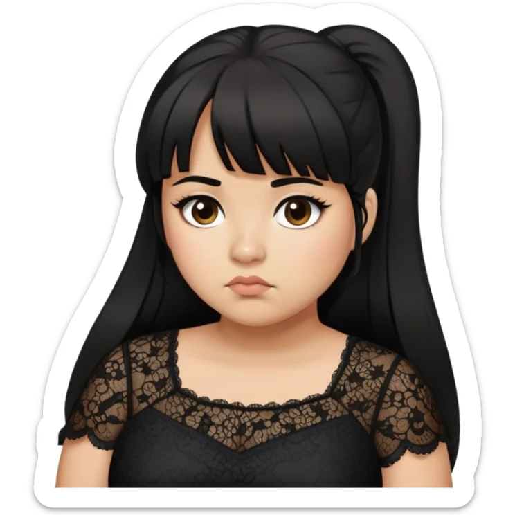 Latina girl with bangs black long hair in pony tail plus size black lace dress disappointed  sticker