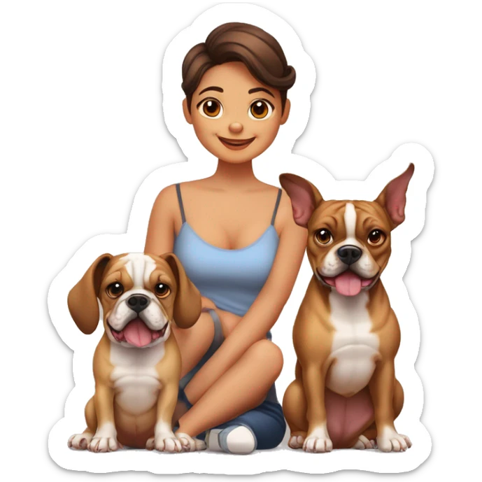 família de um bulldog francés e um pinscher um pai careca uma mae com cabelo ondulado uma menina com cracois uma bebe com caracóis e um menino com cabelo curto ondulado sticker