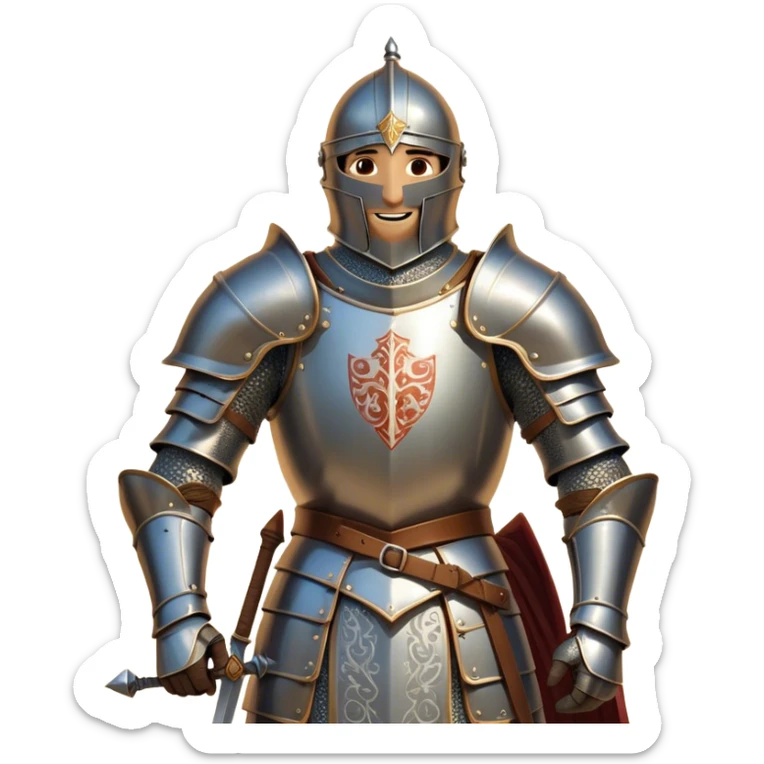 Clash of Clans aesthetic Cheerful Knight Portrait Emoji, With a radiant smile and an upright, confident stance, featuring an elegantly armored figure with intricate detailing and shining accents, his face in a natural skin tone, Simplified yet expressive features, highly detailed, glowing with a soft, luminous aura, high shine, upbeat and noble, stylized with an air of classic medieval heroism, soft glowing outline, capturing the essence of a cheerful knight ready to embark on legendary adventures! sticker
