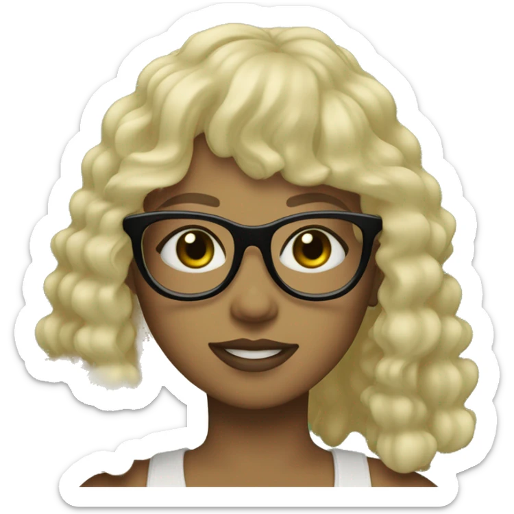 a girl with black glasses (square-shaped), green eyes, light skin and curly dark-blonde long hair with bang sticker