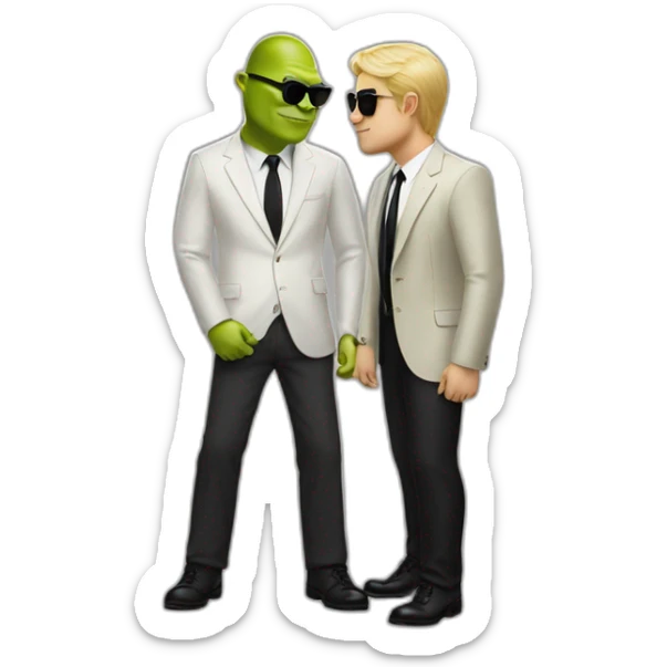 shrek kissing with white-guy-wearing-suit-with-blonde-hair-and-black-sunglasses-standing-with-black-shoes sticker