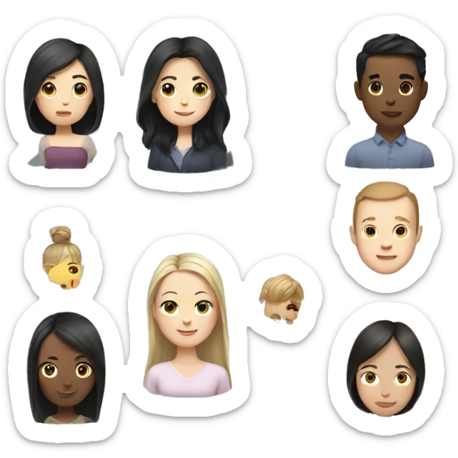 White woman dark hair + white man dark hair + asian woman brown hair sticker