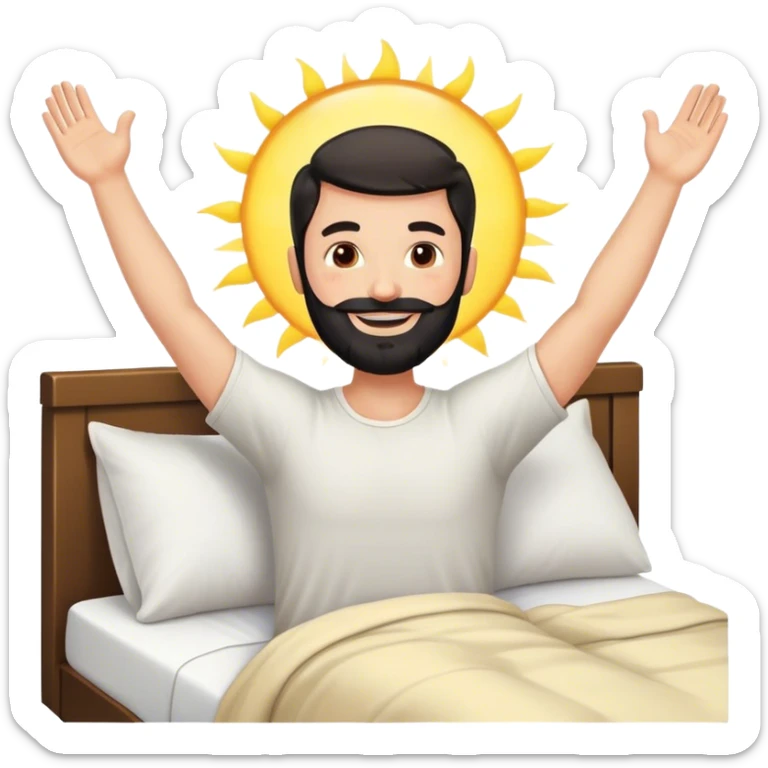 black beard happy man waking up out of bed stretching arms with sunshine in the back sticker