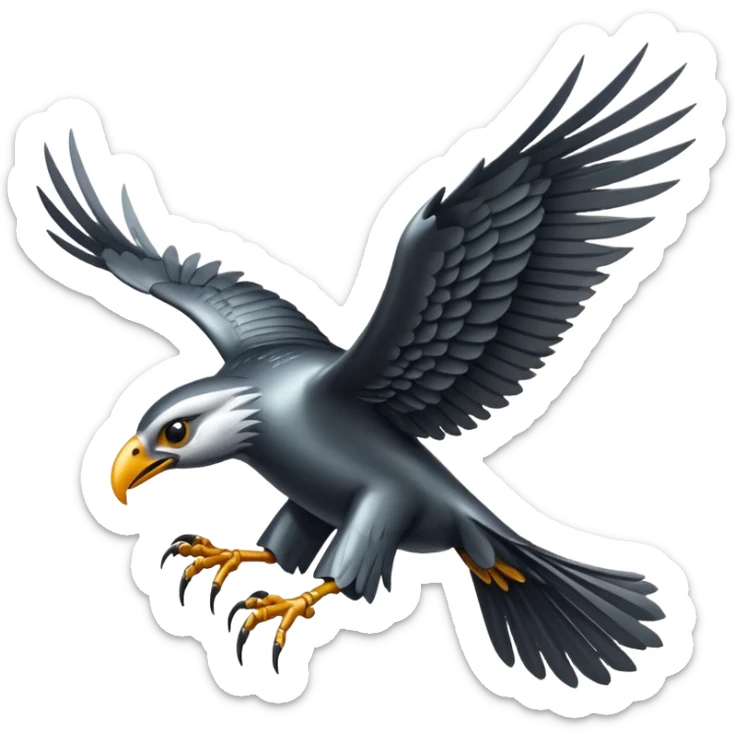 Emoji-style icon of a large metallic predatory bird flying, sharp wings, steel texture, dramatic pose, dark background sticker