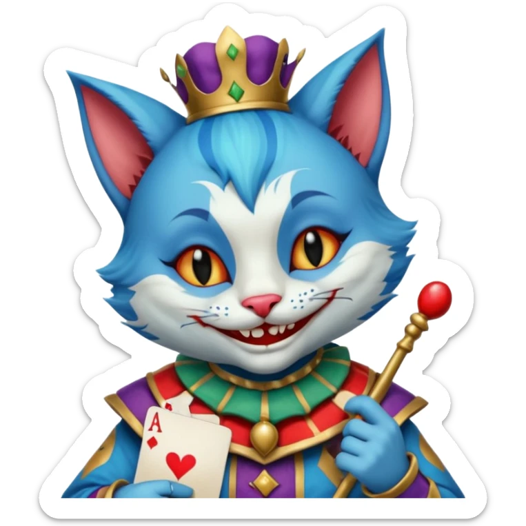 crazy colorful cute little cat jolly joker from poker, medieval, vintage, court jester, mac os icon, blue color, holds poker cards sticker