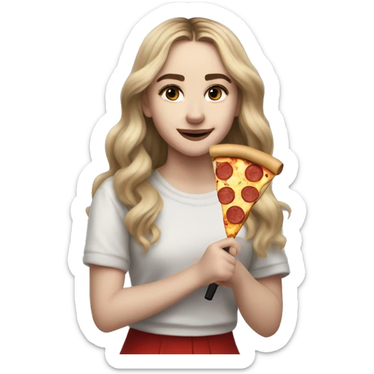 sabrina carpenter with a microphone in her right hand and a piece of pizza in her left hand sticker