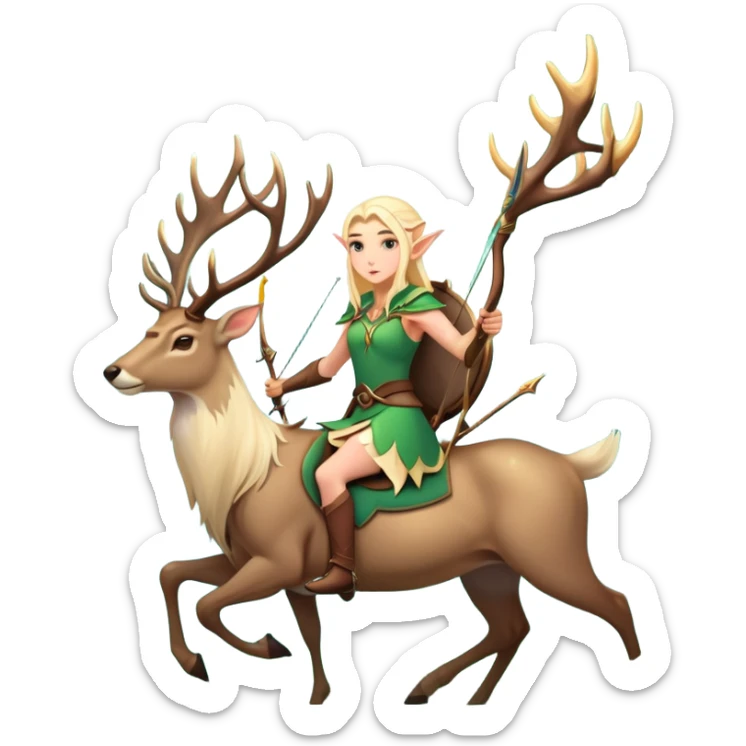 clash-of-clans-aesthetic-blond-elf-archer-portrait-emoji, rendered in a flat, vector-style with minimal shading and bold, simplified shapes, head tilted slightly forward with a determined, focused expression, riding a majestic stag whose luminous antlers glow with mystical energy, set against an ancient, enchanted forest backdrop. sticker