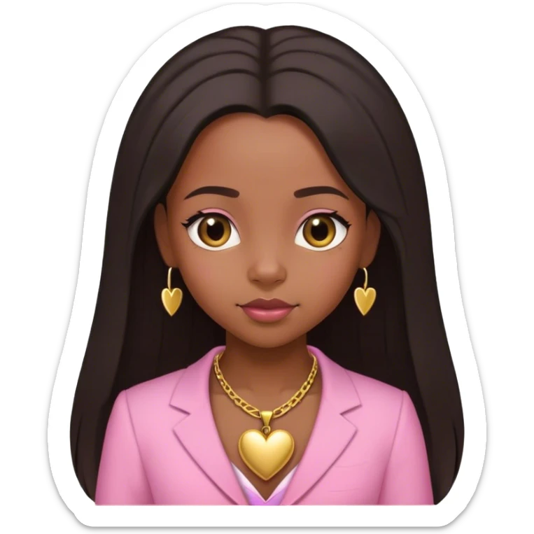Black girl with STRAIGHT LONG HAIR DOWNhair down with baby edges and formal clothes that are pink for her interview and a SMALL gold heart necklace  sticker