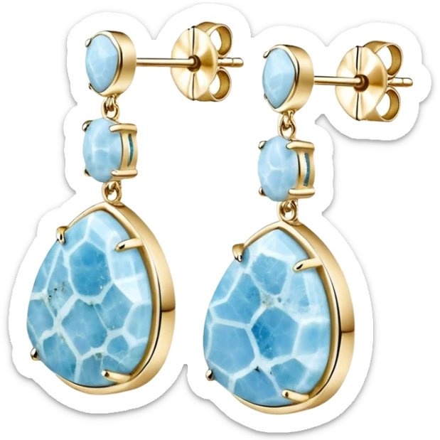 No emoji icons, no emoji faces, 8k quailty, clean, smooth design, isolated, hyper realistic, ultra sparkly, detailed, 14k yellow gold and Rare Genuine Larimar Raw Crystal earrings set, rendering. Full transparent background  sticker