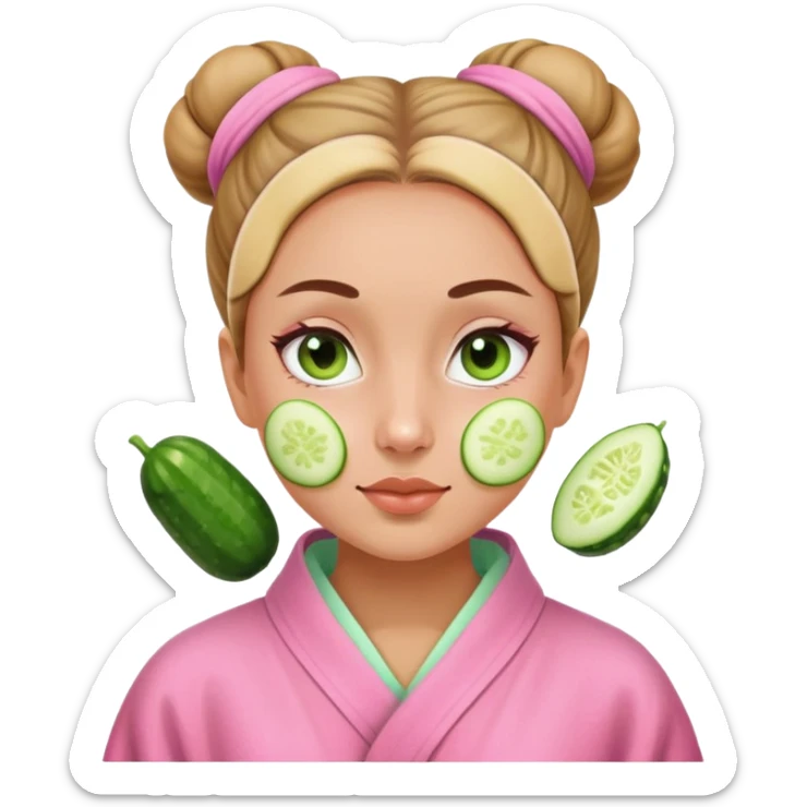 Girl with a bun and a pink robe with a green skincare mask on and cucumbers on her eyes sticker