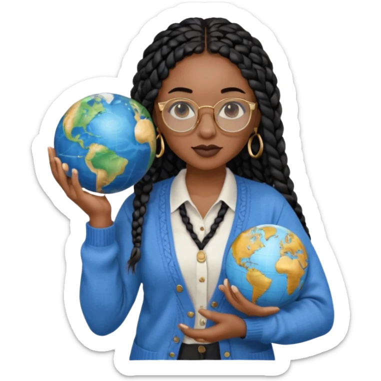 a-young-woman-wearing-fine-gold-round-glasses-and-black-hair-in-several-box-braids,-she-has-light-black-skin,-and-she's-wearing-a-white-shirt-with-an-blue-cardigan-on-top.-she's-holding-a-globe-in-one-hand.png sticker