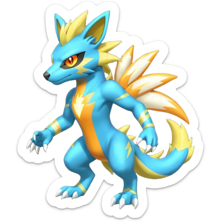 Cyan manectric-Electrike-Zeraora-fusion with neon-green stripes and orange eyes (full body) sticker