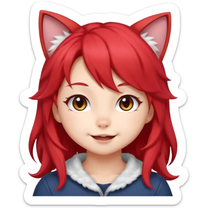 very cute anime cat-girl with small cat ears, red blowing hair sticker