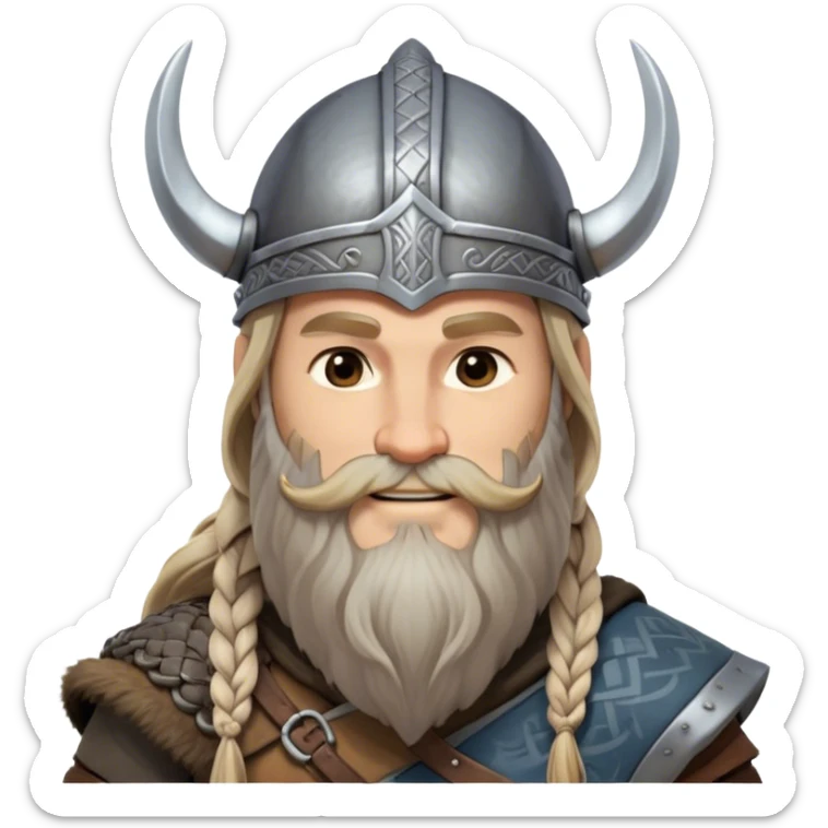 Clash of Clans aesthetic: Beautiful and Majestic Viking Portrait Emoji, Rendered in serene confidence with a gentle, enigmatic smile and a refined, weathered Viking helmet, showcasing a noble, sturdy build with long braided hair and a dignified beard, his face in natural skin tone, Simplified yet exquisitely endearing features, highly detailed, glowing with a soft, majestic Nordic light, high shine, calm and heroic, stylized with an air of timeless Norse elegance, soft glowing outline, capturing the essence of a majestic Viking whose noble spirit inspires epic quests! sticker