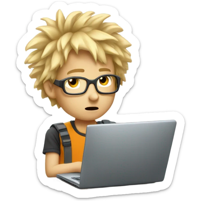 Nerdy  blonde boy gamer with crazy hair and a laptop sticker
