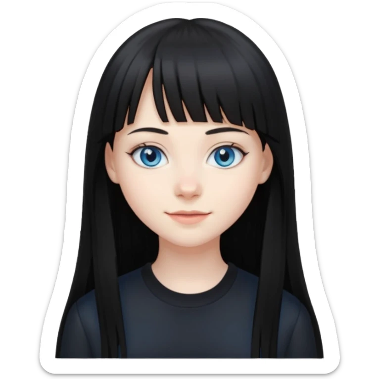 20 yr old woman long straight black hair, pale skin, blue eyes, black clothes, small smile, bangs sticker