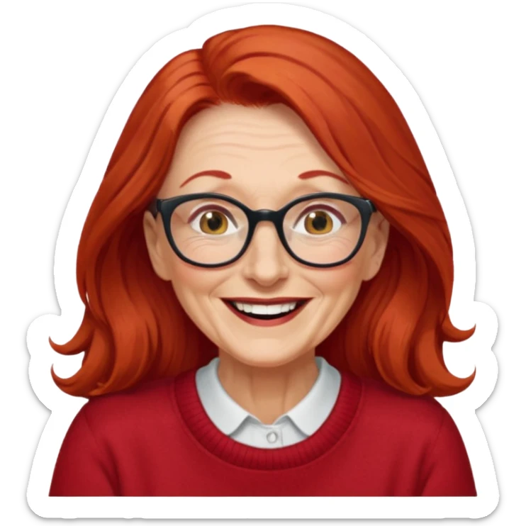 obese; older 50's ; long red hair ; women hazel eyes; glasses ; laughing sticker