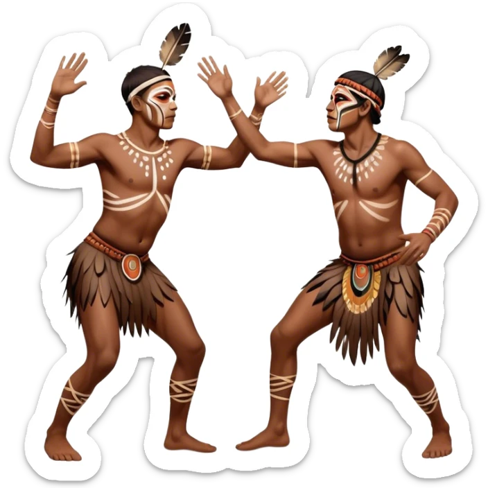 Cinematic Realistic scene of two indigenous male aboriginals performing an Aboriginal Corroboree, adorned in traditional body paint, captured in fluid motion with earthy tones and vibrant, cultural lighting sticker