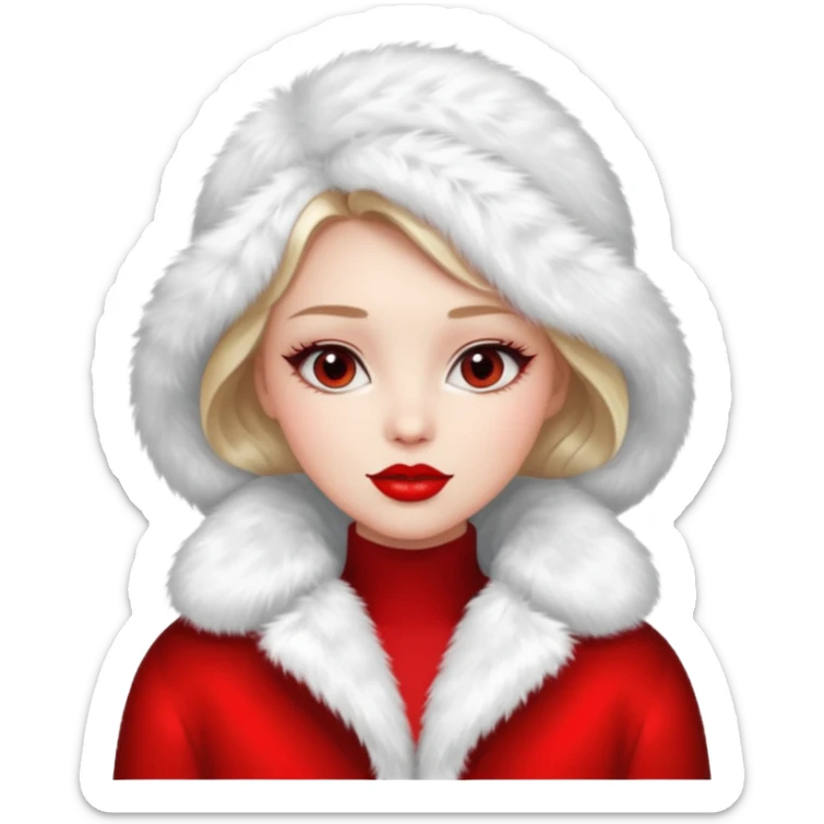 A beautiful, cute girl with red lipstick is posing for a photo in a white fur coat sticker