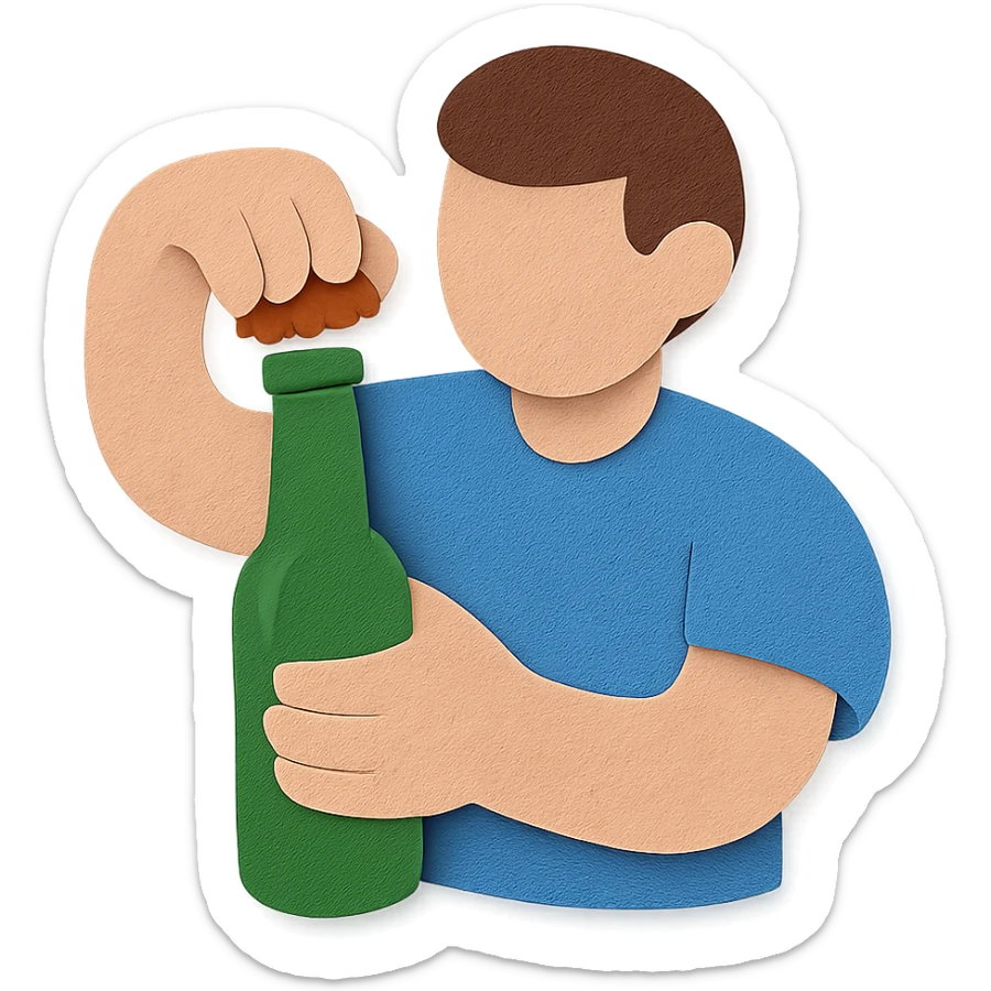 a paper craft style illustration of a person holding a bottle neck firmly with one hand and tightly gripping the bottle cap with the other hand, both the bottle and hands clearly visible, no background sticker