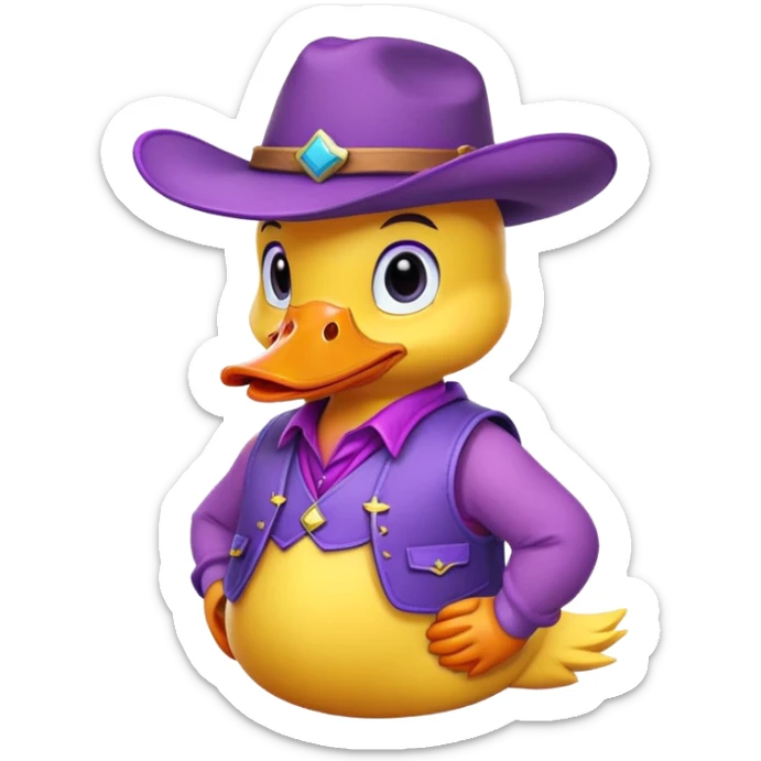 Yellow duck wearing Purple Vest and Purple Cowboy Hat sticker