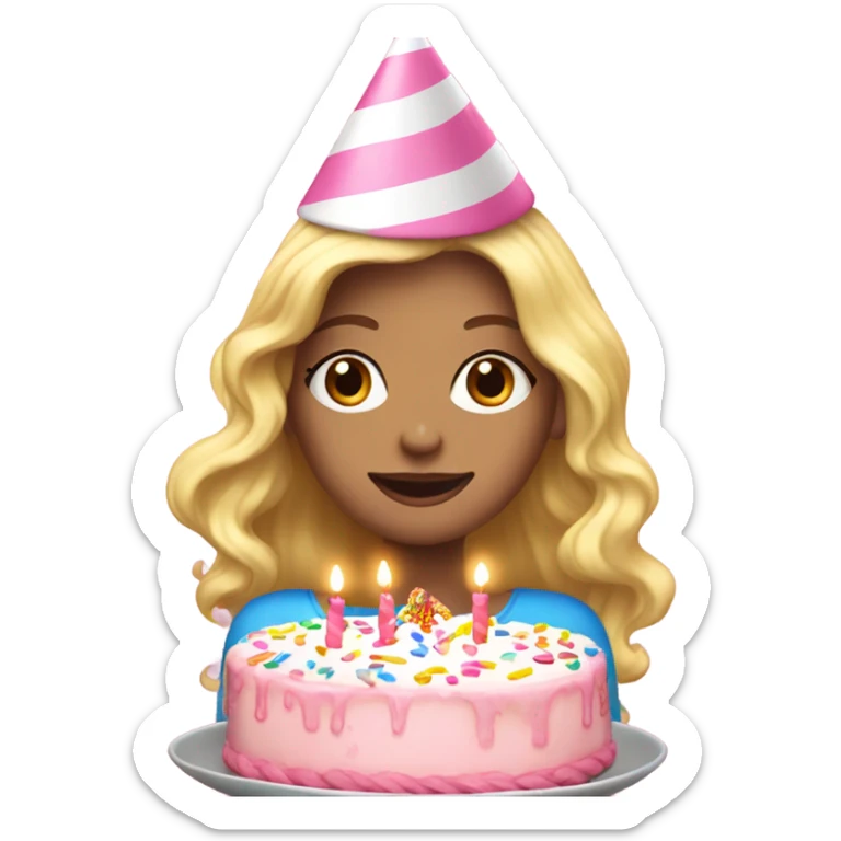 White woman, long hair, blonde hair, wavy hair, baby pink party hat, holding birthday cake sticker