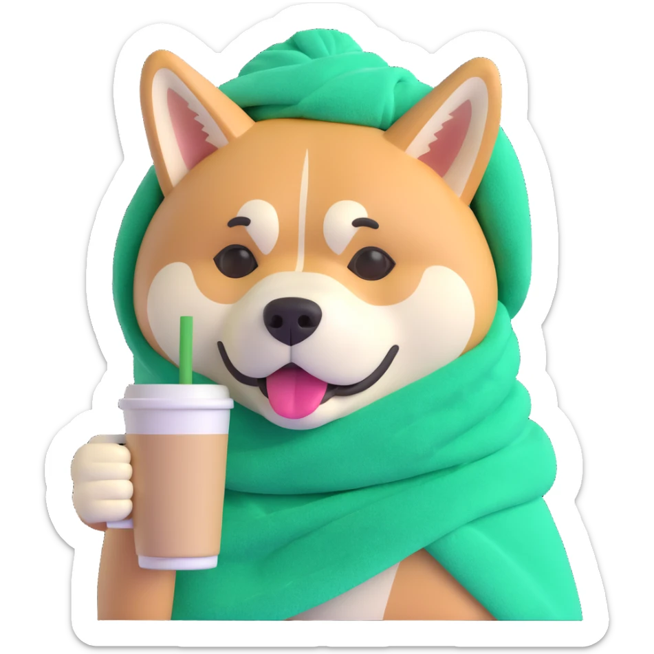 playful and friendly Akita Inu with a green towel on its head, sipping cold coffee sticker