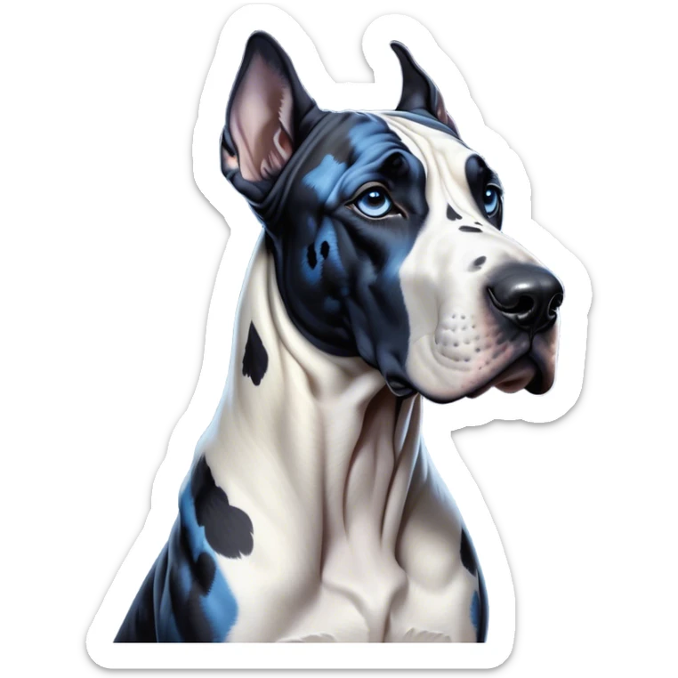 Cinematic Noble Harlequin Great Dane Portrait Emoji, Poised and regal, with a towering, muscular build and a striking coat of predominantly white with bold black patches, deep-set soulful blue eyes, Simplified yet sharp and sophisticated features, highly detailed, glowing with a soft, dignified glow, high shine, intelligent and loyal, stylized with an air of majesty, focused and attentive, soft glowing outline, capturing the essence of a watchful and confident guardian, so majestic it feels as though it could stride out of the screen with effortless authority! sticker