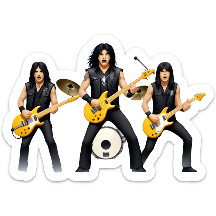 Icon for Heavy Metal: Anthrax live concert with Charlie Benante on drums, Joey Belladonna on vocals, Frank Bello on bass, Jonathan Donais and Scott Ian on guitars. The intense energy of the band is captured with instruments and stage lighting. Transparent background. sticker