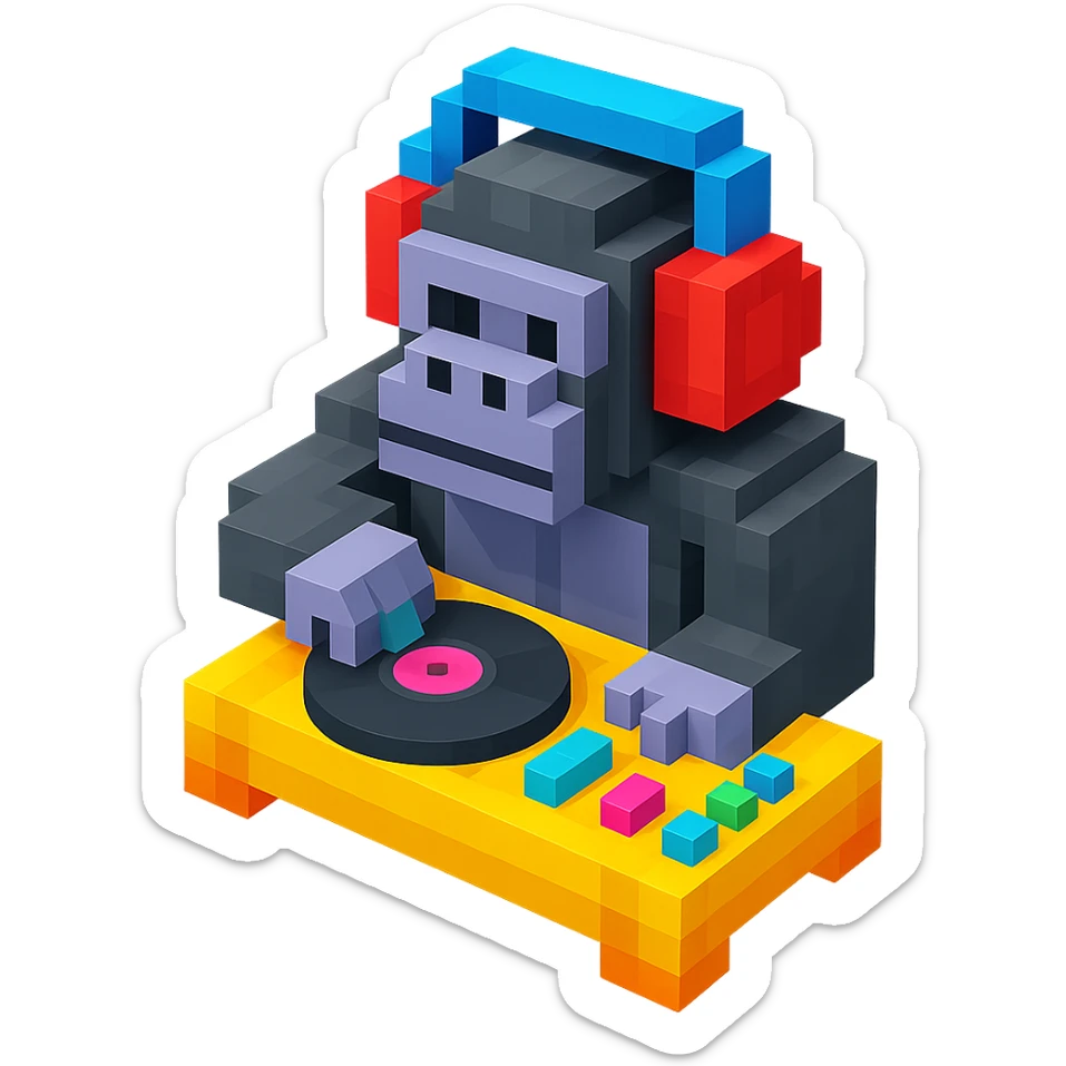voxel style gorilla DJ with headphones and turntable, isometric view sticker