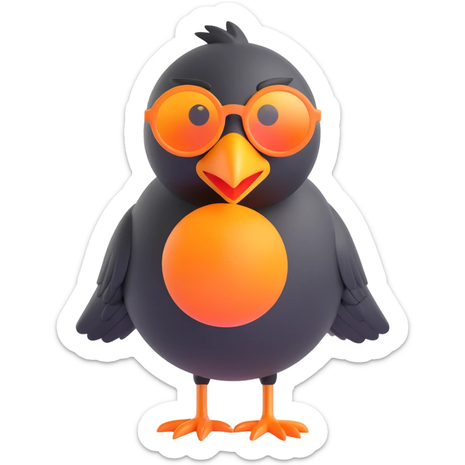 cartoonish 3D emoji of a black bird with a large orange beak and oversized round sunglasses, standing in the same pose as the reference image sticker