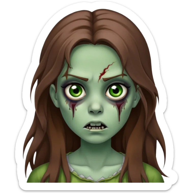 Girl zombie with long brown hair, green skin, black eyes with dark circles, and frightening expression sticker