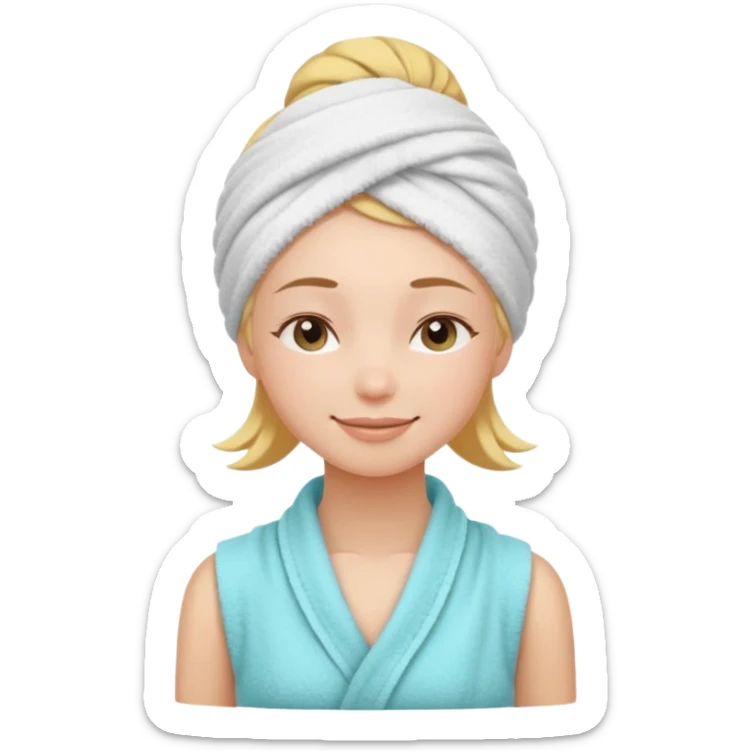 cute girl with her eyes closed and smiling, wearing a spa towel as her clothes in she has a spa towel on her head with no visible hair sticker