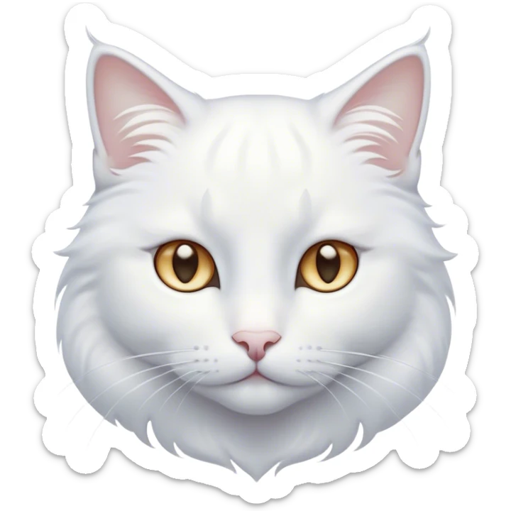 Cinematic Noble White Cat Portrait Emoji, Poised and stately, with a pristine, snow-white fur accented by delicate hints of silver, refined whiskers and a serene, focused gaze, simplified yet impeccably detailed, glowing with an ethereal radiance and timeless elegance, high shine, exuding calm intelligence and regal simplicity, soft glowing outline, capturing the essence of a noble white cat that radiates quiet majesty! sticker