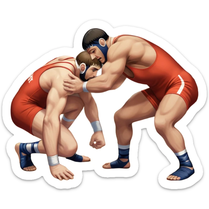 An icon symbolizing Greco-Roman wrestling, showing two wrestlers locked in a powerful grip, focusing on upper-body techniques. The background features a wrestling mat, with the athletes wearing traditional singlets. Transparent background highlights the strength and skill of the sport. sticker